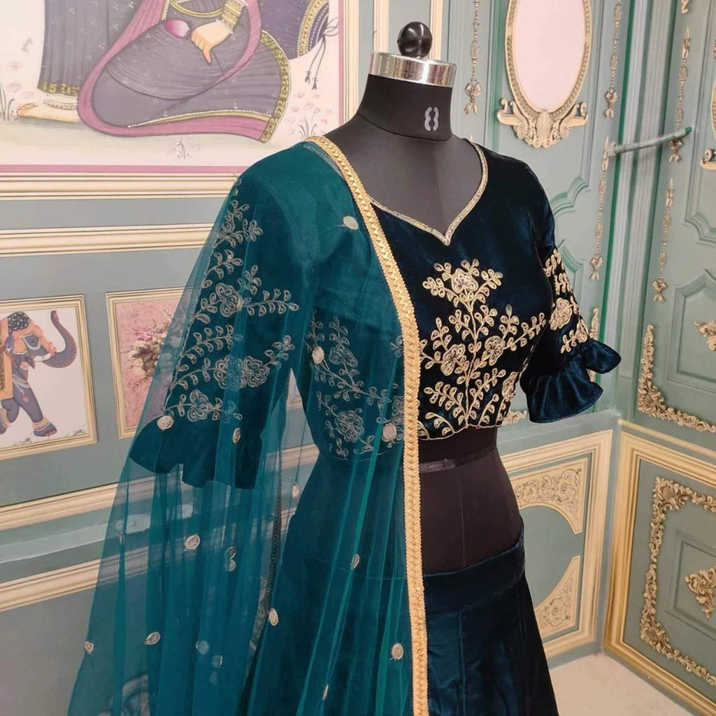 Velvet Lehenga Choli in Rama Color with Embroidery Work ClothsVilla
