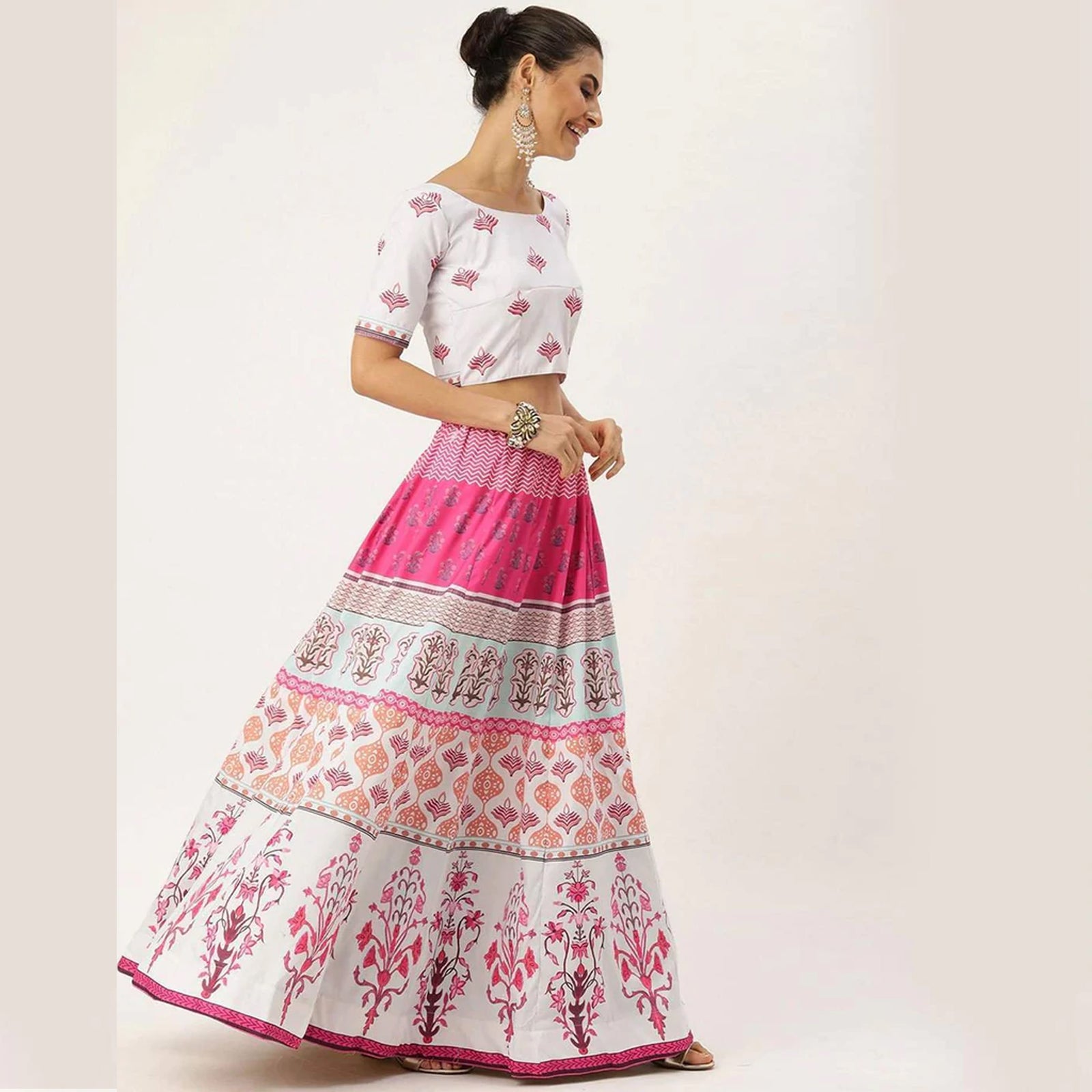 White And Pink Multicolored Printed Lehenga Choli ClothsVilla