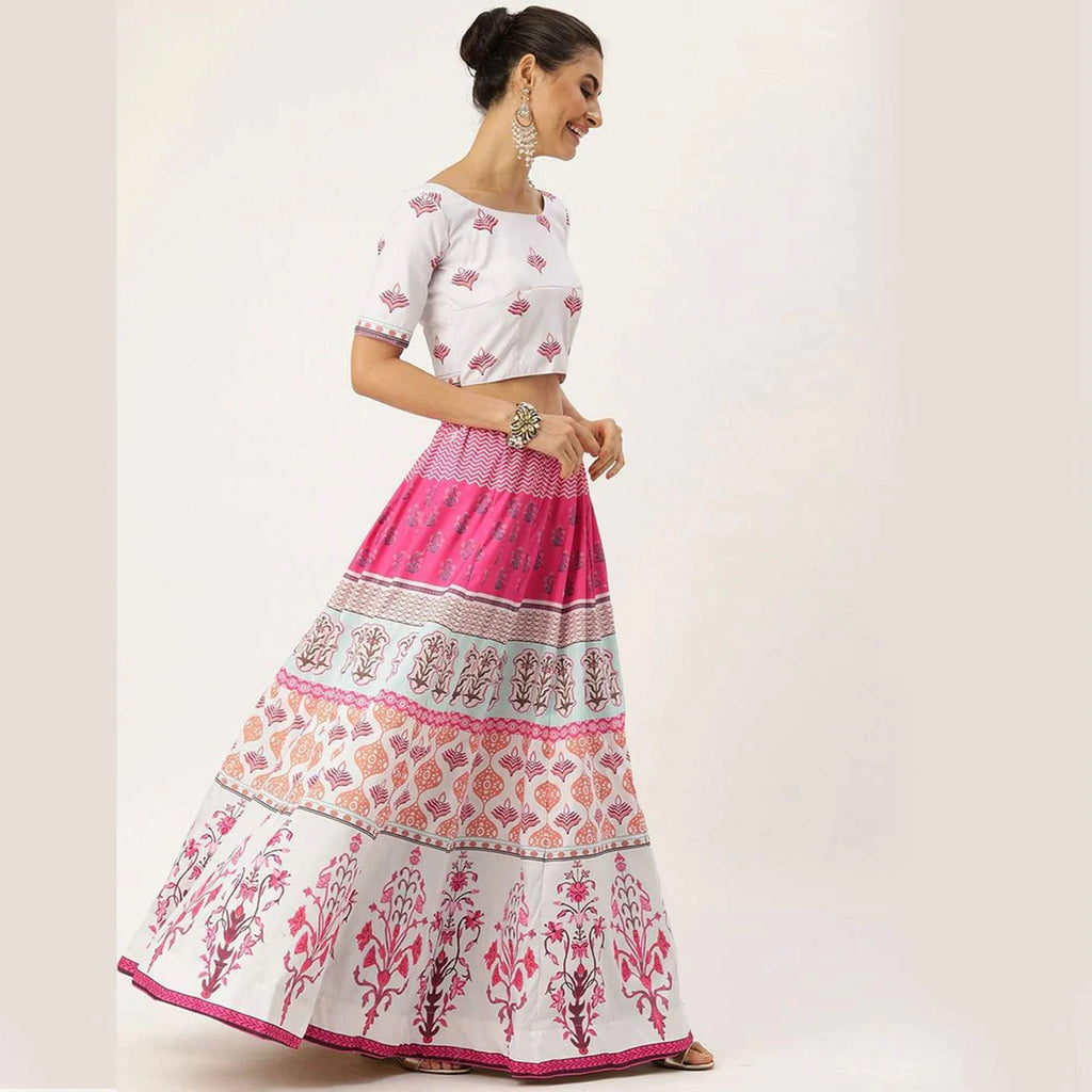 White And Pink Multicolored Printed Lehenga Choli ClothsVilla