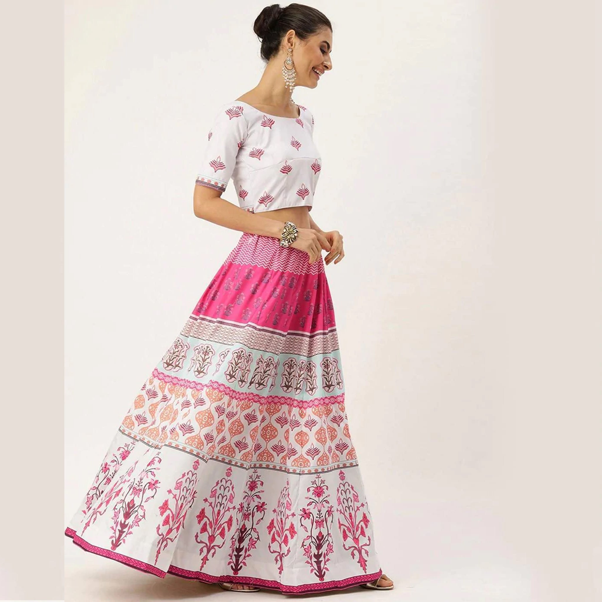 White And Pink Multicolored Printed Lehenga Choli ClothsVilla