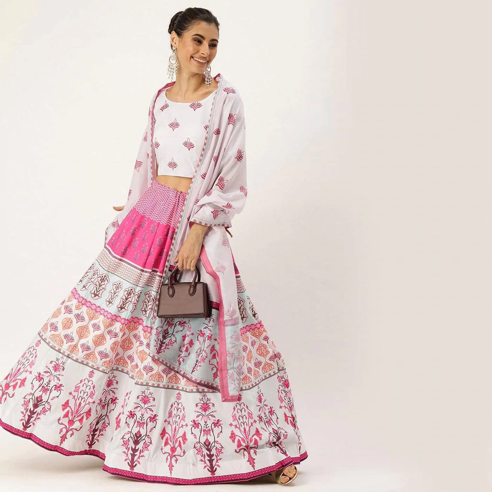 White And Pink Multicolored Printed Lehenga Choli ClothsVilla