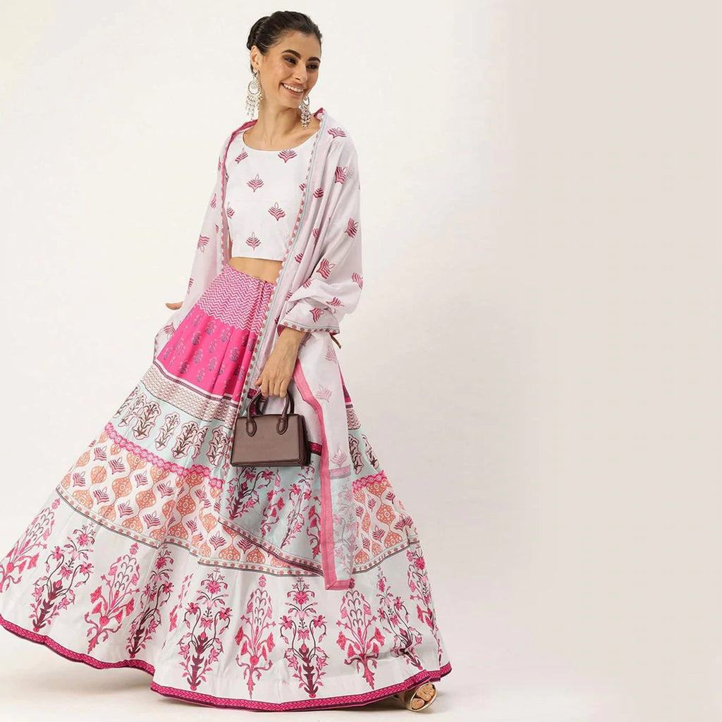 White And Pink Multicolored Printed Lehenga Choli ClothsVilla