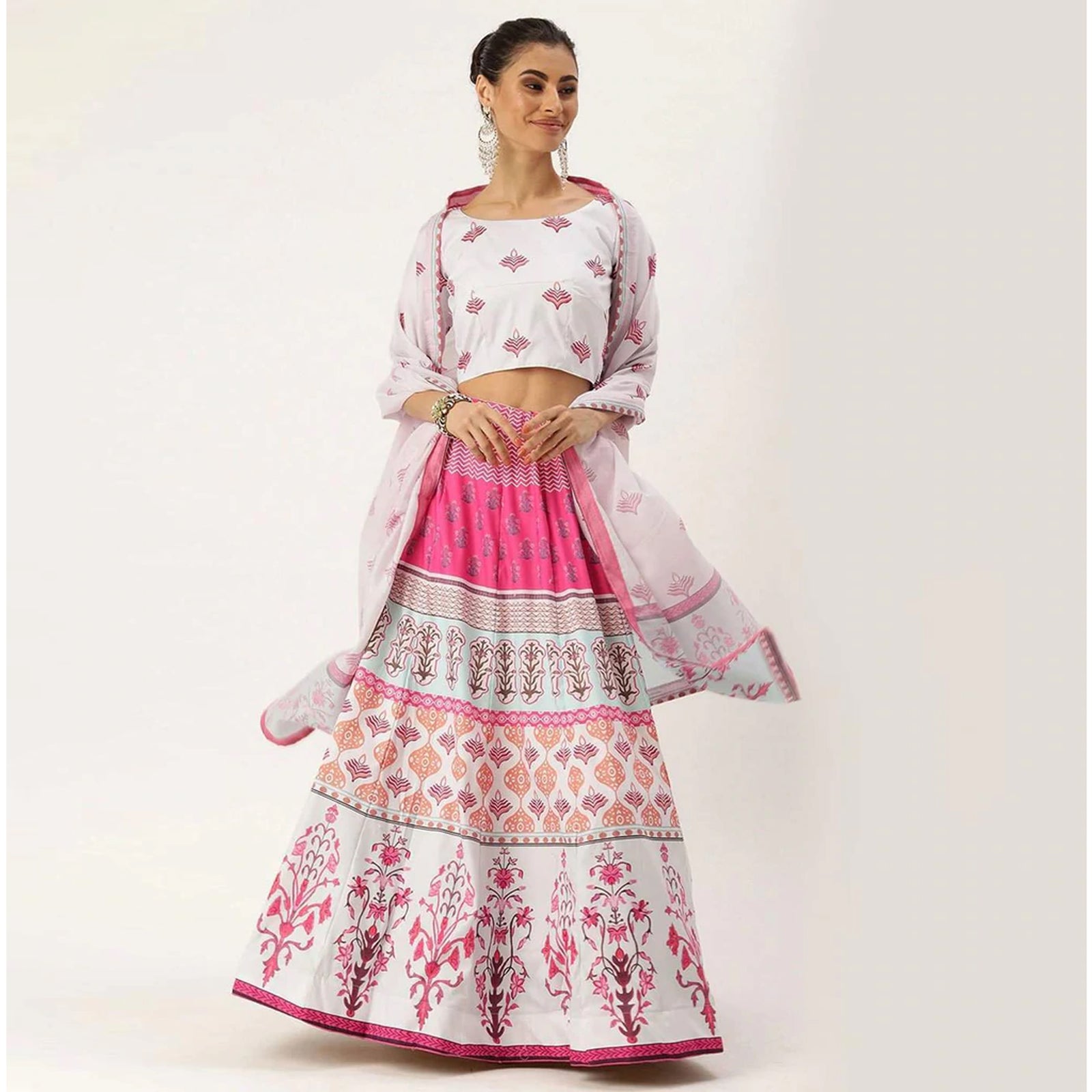 White And Pink Multicolored Printed Lehenga Choli ClothsVilla