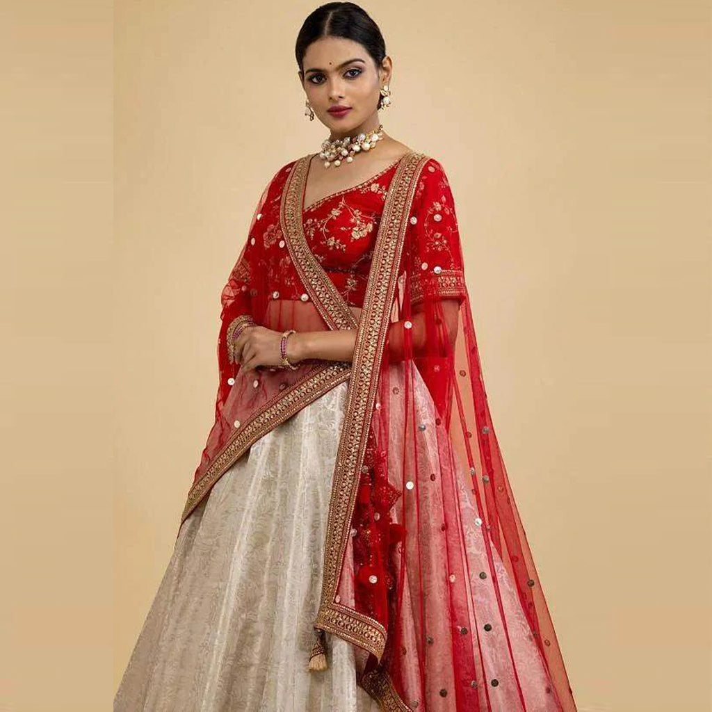 Stunning White and Red Silk Lehenga Choli Set - Dress me Royal