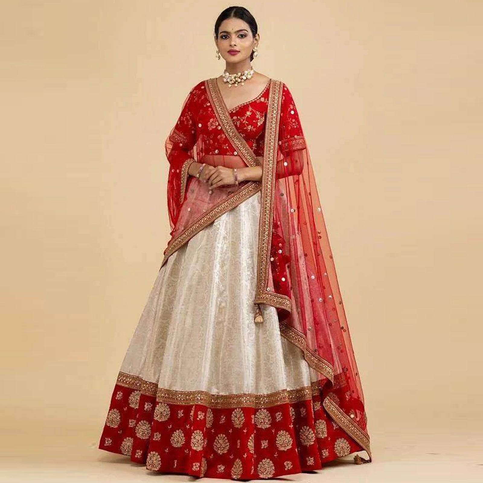 White And Red Jacquard and Silk Lehenga Choli for Wedding ClothsVilla