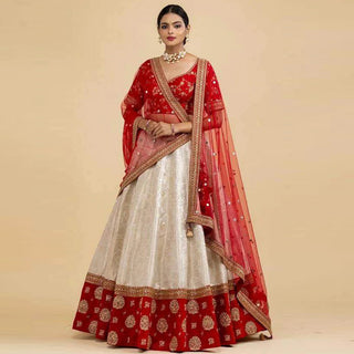 White And Red Jacquard and Silk Lehenga Choli for Wedding ClothsVilla
