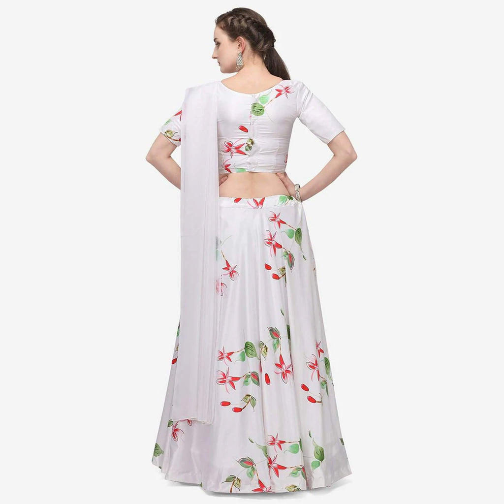 White Color Baby Satin Lehenga Choli with Printed Floral Work ClothsVilla