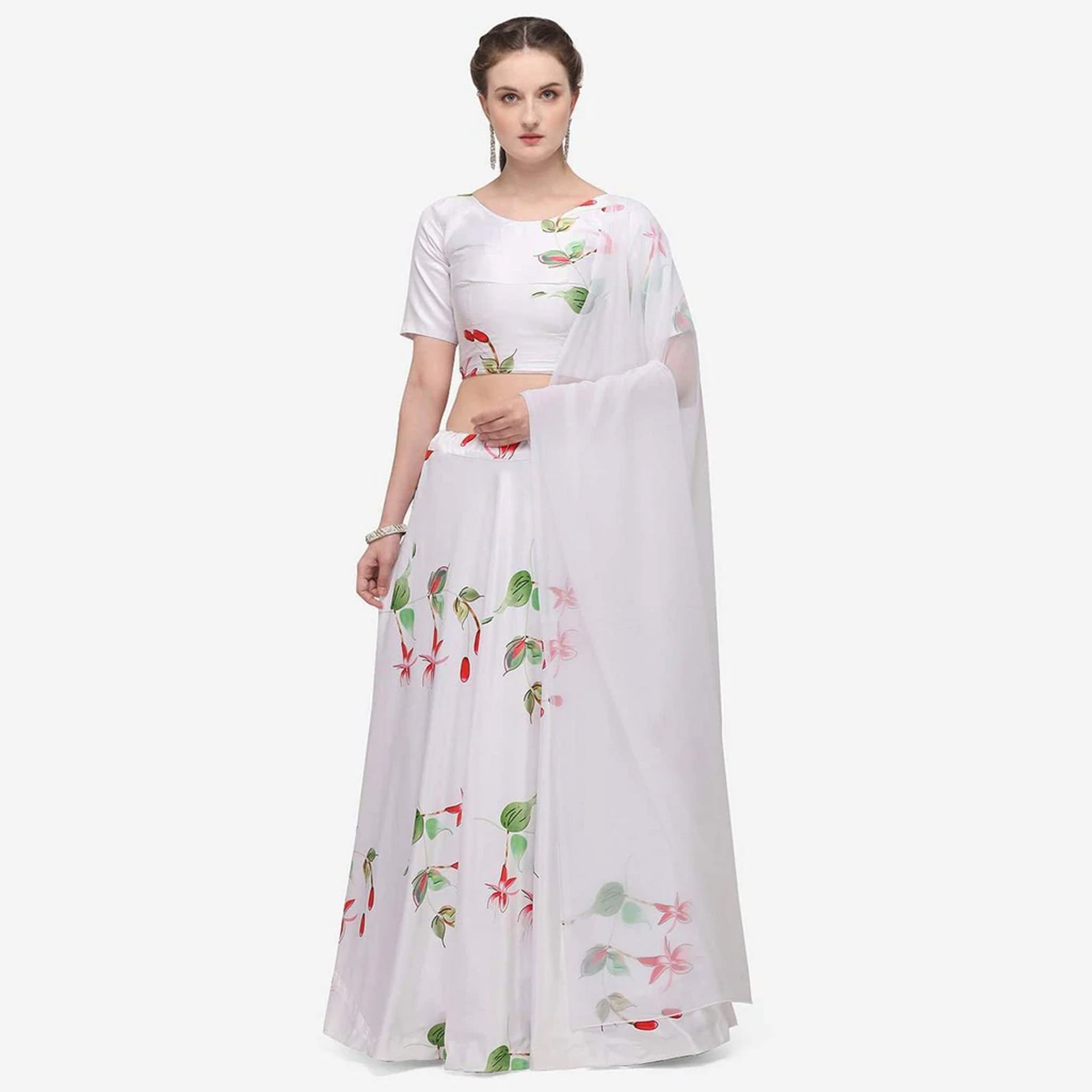 White Color Baby Satin Lehenga Choli with Printed Floral Work ClothsVilla