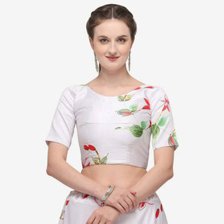 White Color Baby Satin Lehenga Choli with Printed Floral Work ClothsVilla