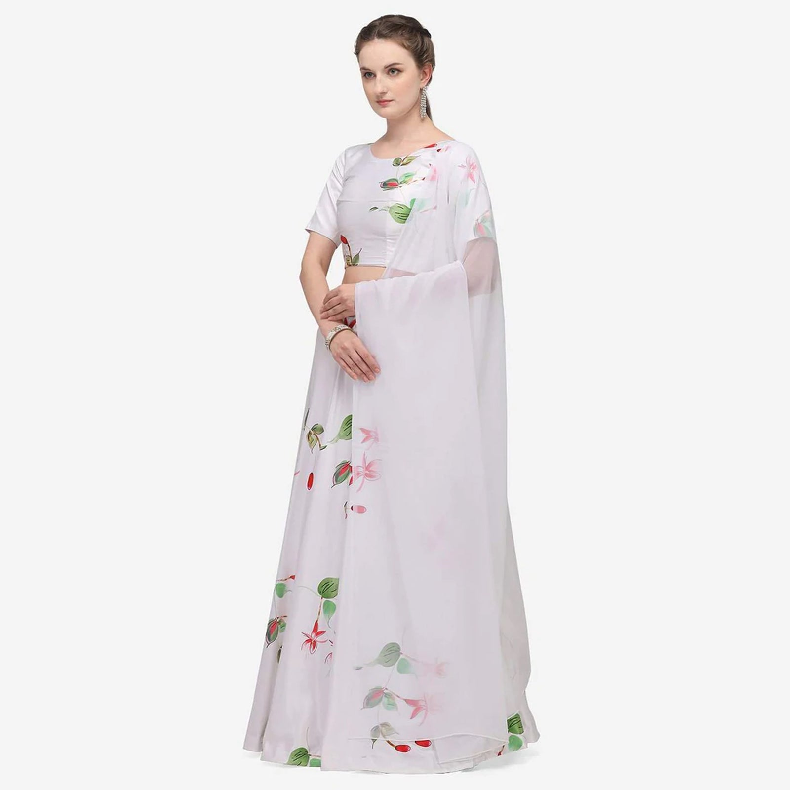 White Color Baby Satin Lehenga Choli with Printed Floral Work ClothsVilla