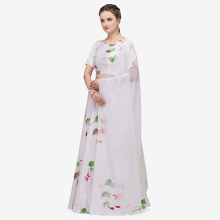 White Color Baby Satin Lehenga Choli with Printed Floral Work ClothsVilla