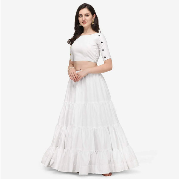 White Color Cotton Lehenga Choli with Real Mirror Work ClothsVilla