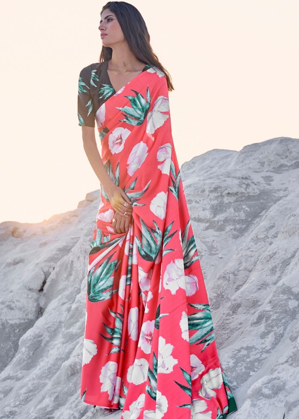 Strawberry Pink Digital Printed Crepe Silk Saree Clothsvilla Main image