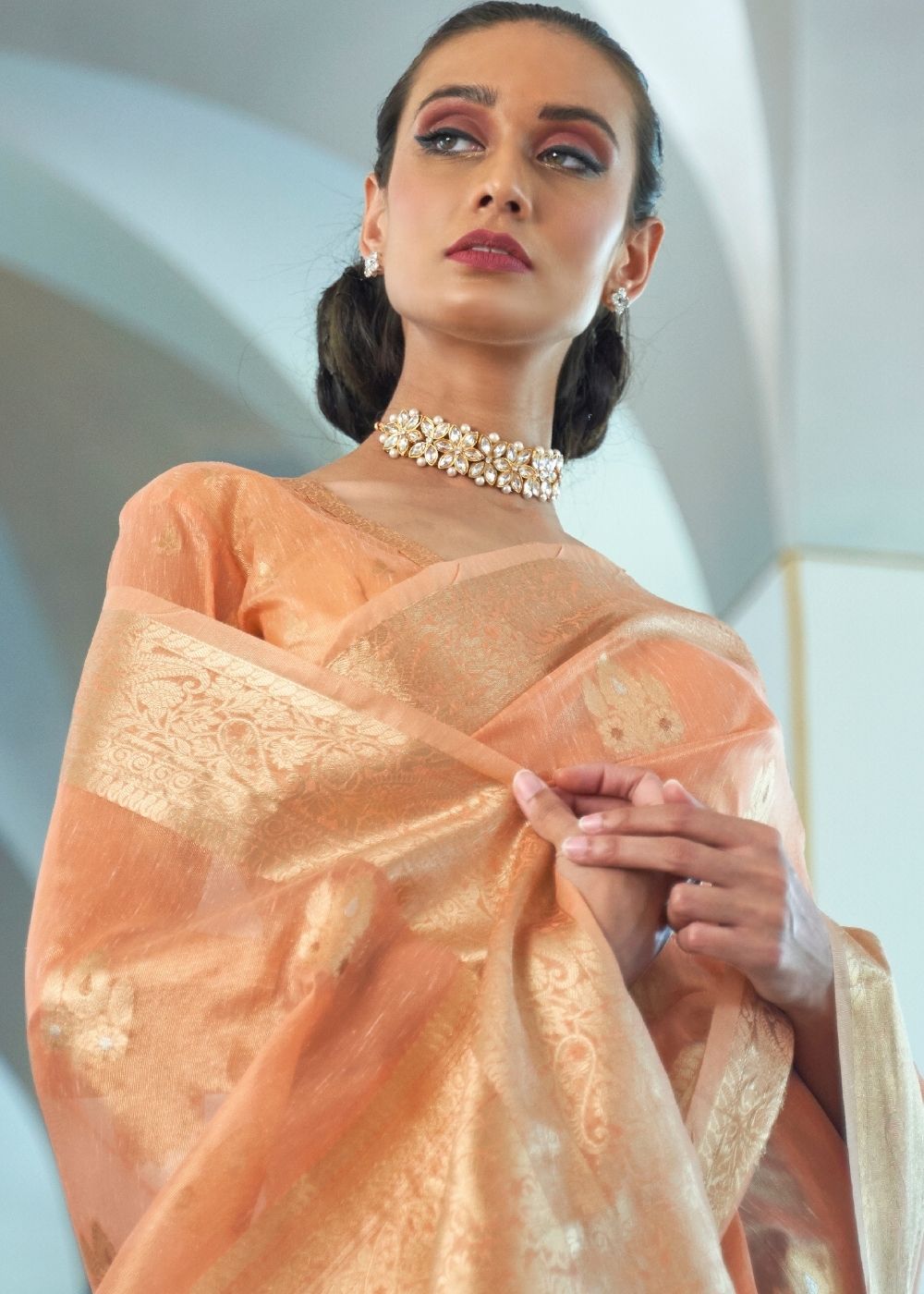 Salmon Orange Zari Woven Organza Silk Saree Clothsvilla