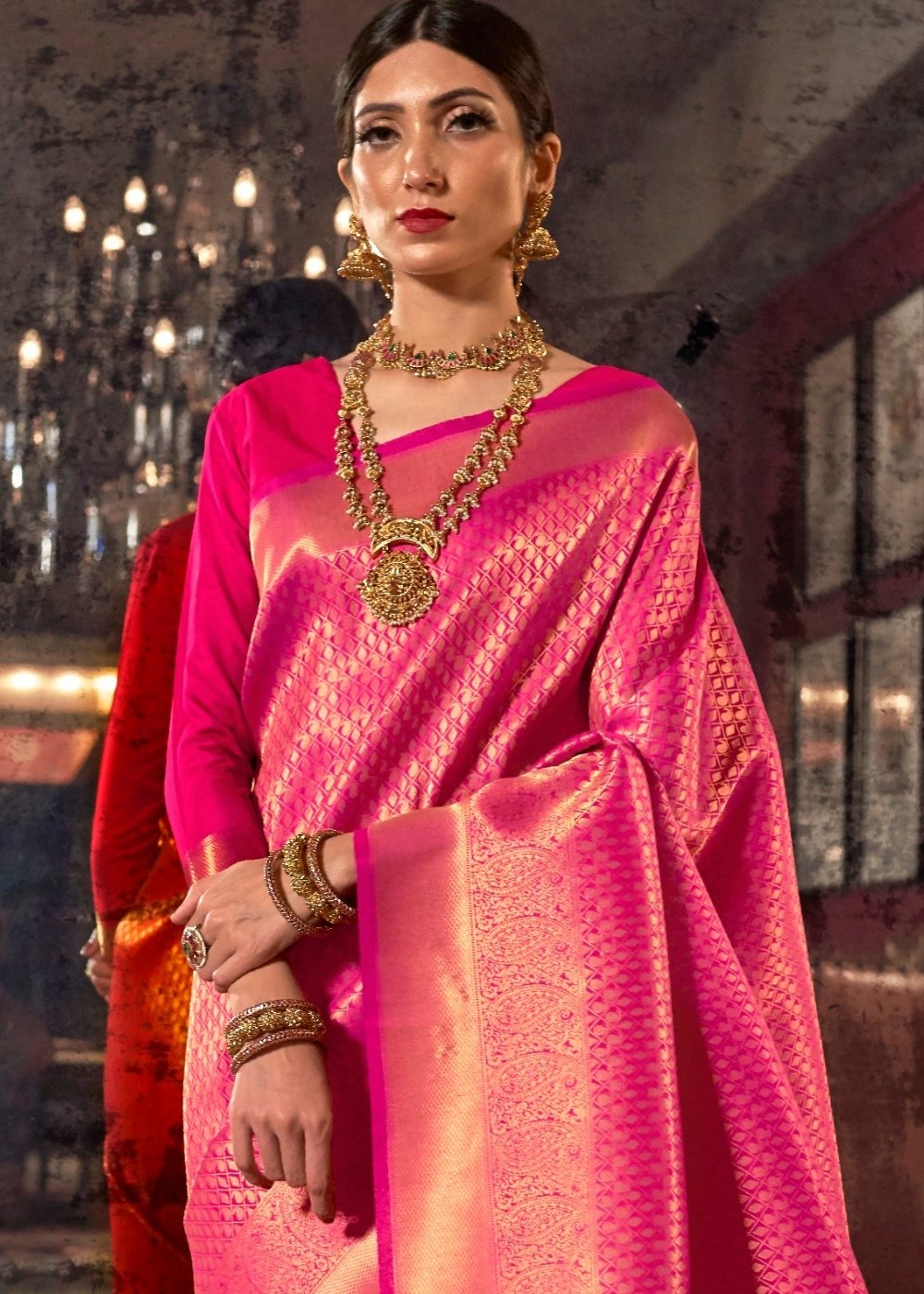 Hot Pink and Golden Blend Kanjivaram Soft Woven Silk Saree Secondary image