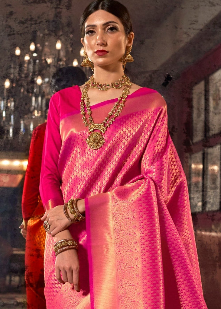 Hot Pink and Golden Blend Kanjivaram Soft Woven Silk Saree Clothsvilla