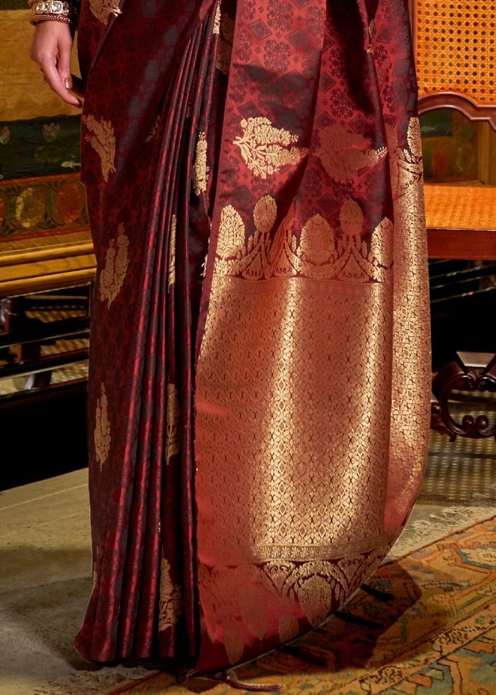 Mahogany Red Satin Woven Silk Saree with overall Golden Buti Clothsvilla