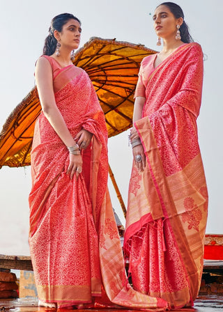 Crimson Red and Golden Blend Banarasi Woven Satin Silk Saree Clothsvilla