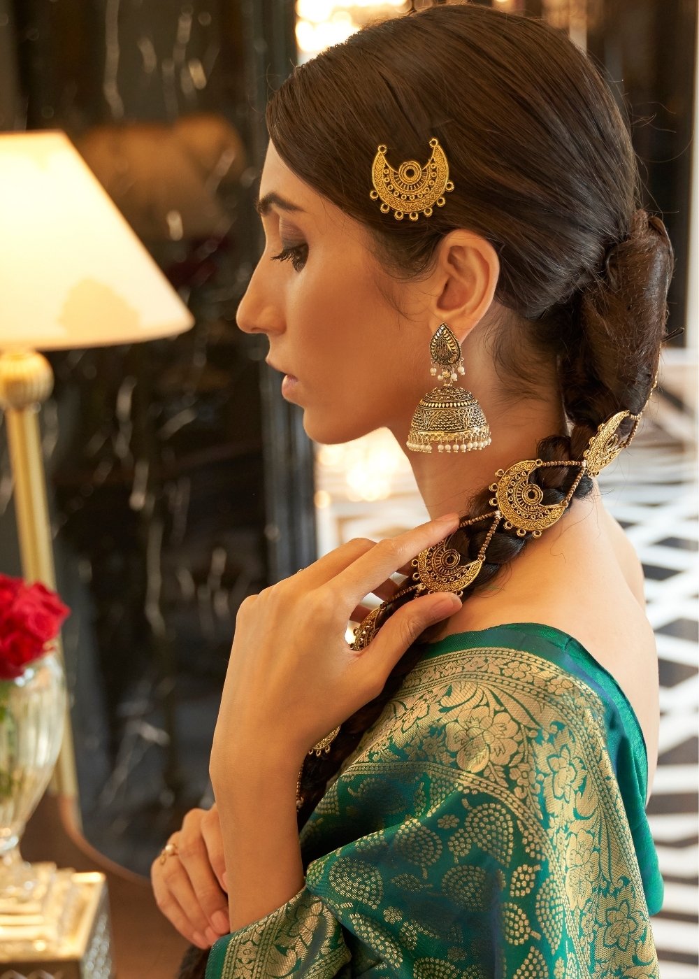 Castleton Green Zari Woven Kanjivaram Silk Saree with Tassels on Pallu Clothsvilla