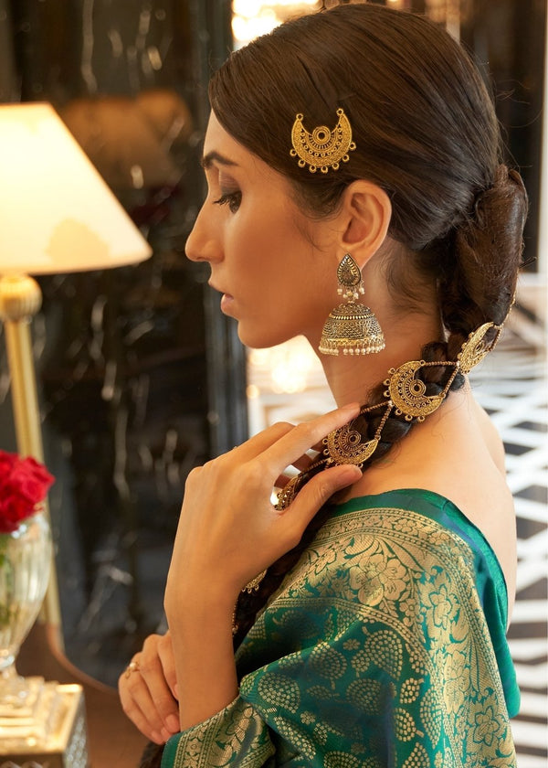 Castleton Green Zari Woven Kanjivaram Silk Saree with Tassels on Pallu Clothsvilla