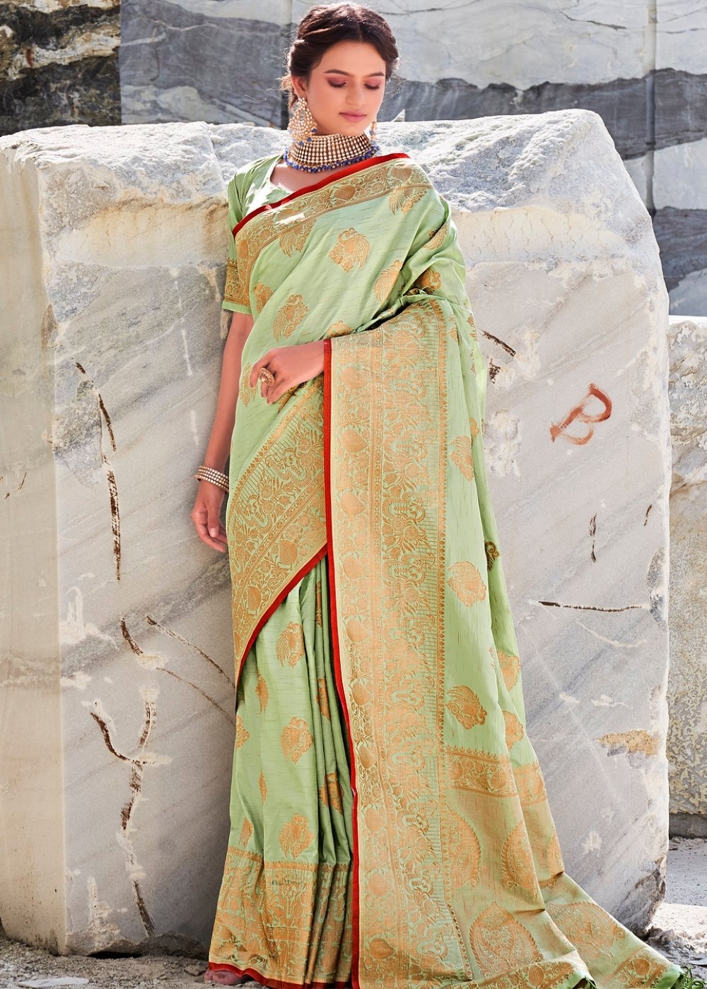 SeaGreen color designer dola silk saree with contrast blouse – TYAAR INDIA