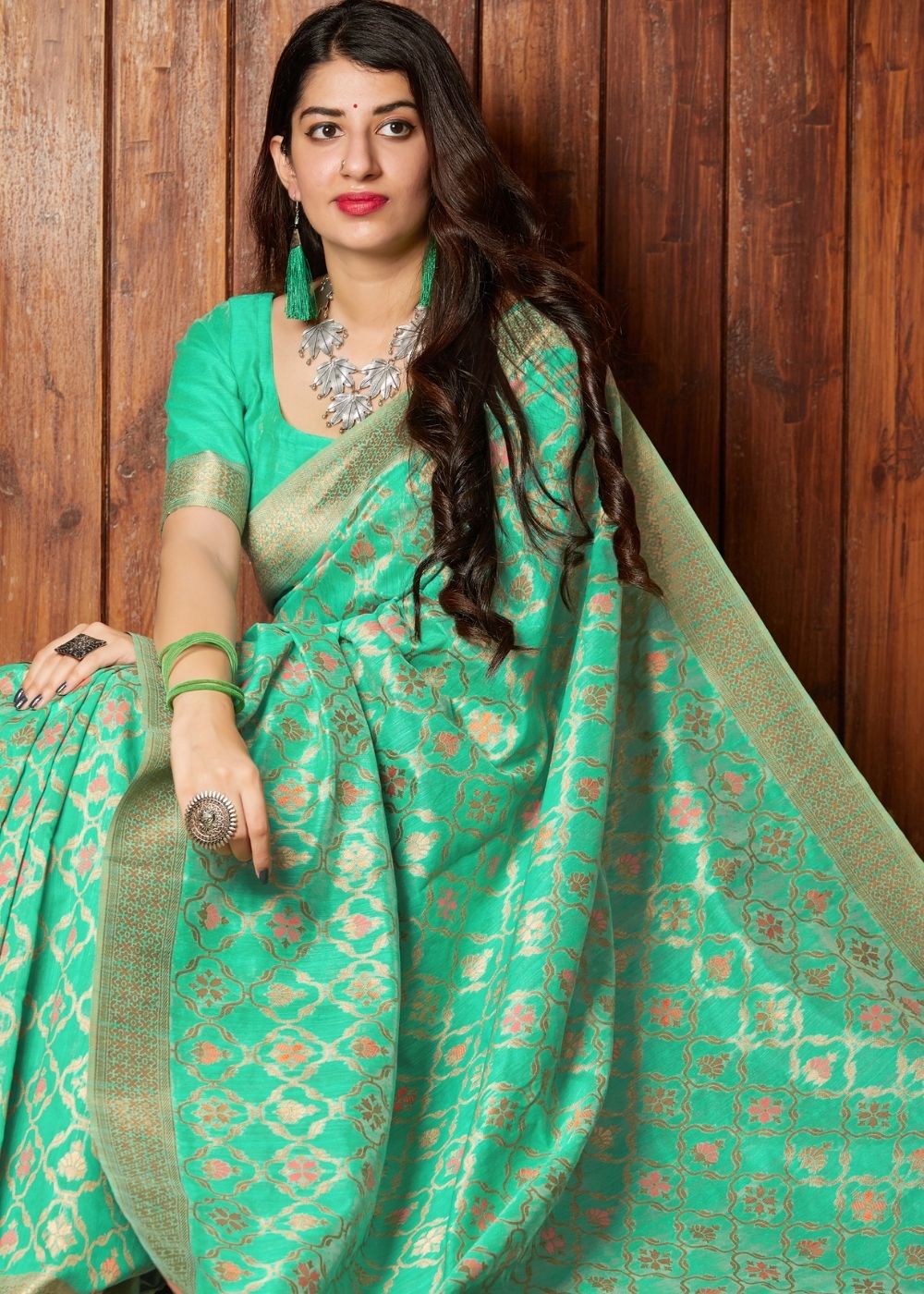 Sea Green Banarasi Cotton Silk Saree Clothsvilla