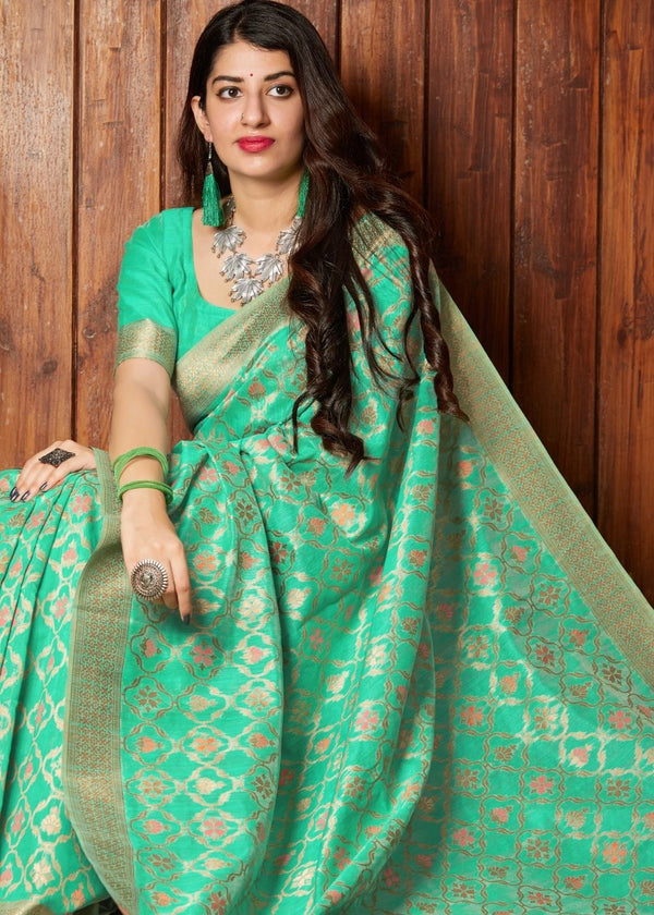 Sea Green Banarasi Cotton Silk Saree Clothsvilla