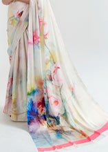 Load image into Gallery viewer, Ivory White Satin Silk Digital Printed Saree Clothsvilla