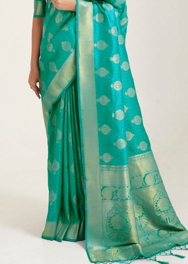 Turquoise Green Zari Butta Woven Banasari Silk Saree Clothsvilla