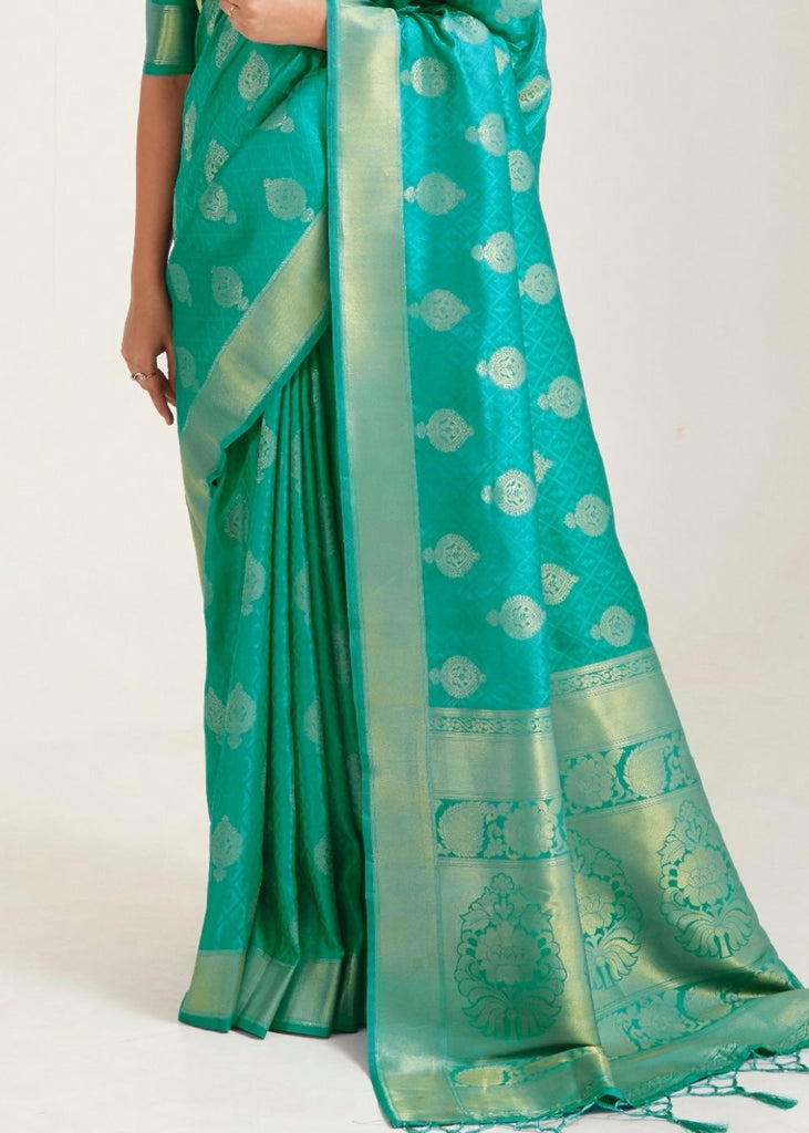 Turquoise Green Zari Butta Woven Banasari Silk Saree Clothsvilla