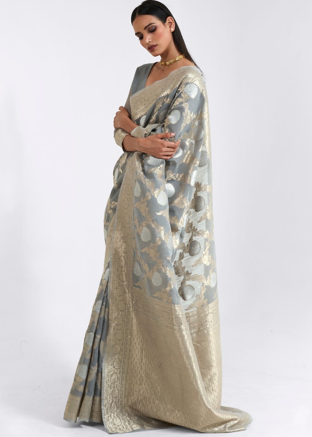 Seal Grey Zari Woven Linen Silk Saree Clothsvilla Main image