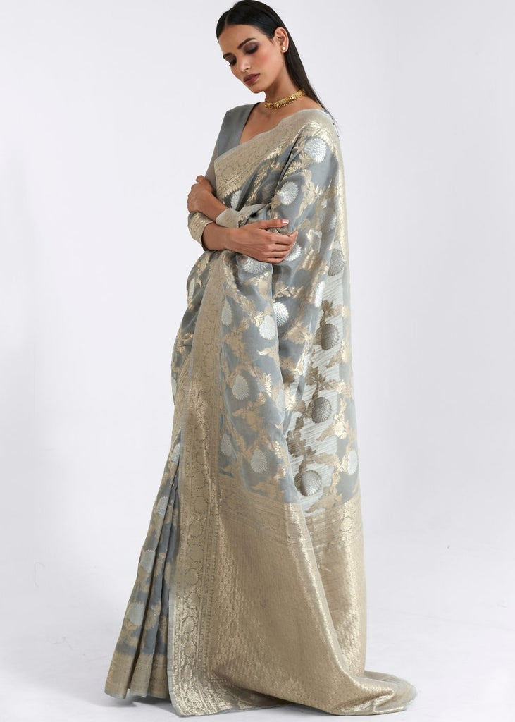 Seal Grey Zari Woven Linen Silk Saree Clothsvilla