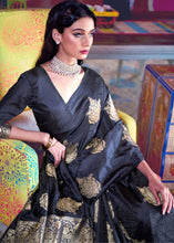 Load image into Gallery viewer, Soot Black Satin Silk Saree with overall Golden Butti Clothsvilla