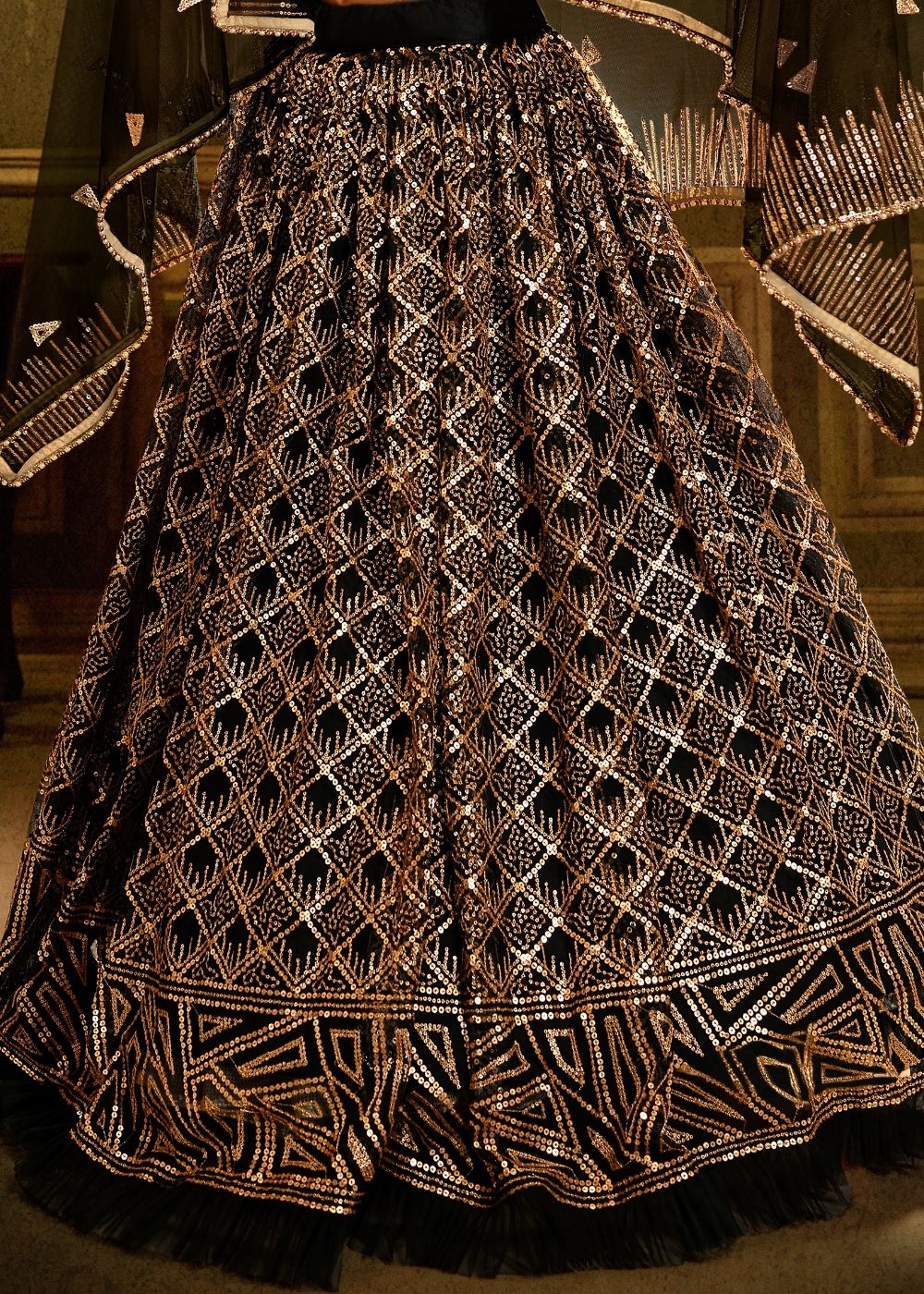 Pebble Black Soft Net Designer Lehenga Choli with overall Sequins work Clothsvilla