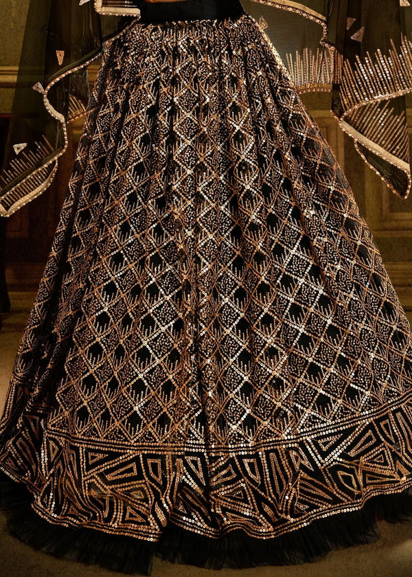Pebble Black Soft Net Designer Lehenga Choli with overall Sequins work Clothsvilla