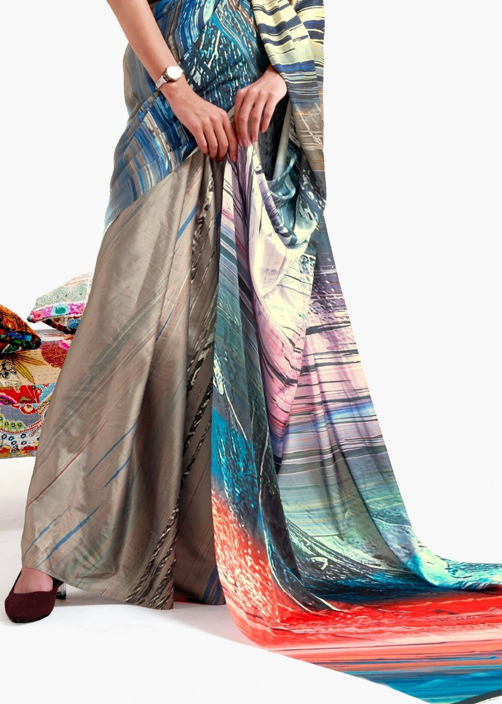 Camel Brown Digital Printed Satin Crepe Saree Clothsvilla