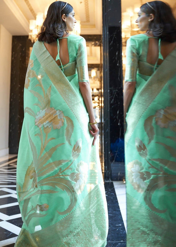 Fern Green Zari Woven Linen Silk Saree Clothsvilla