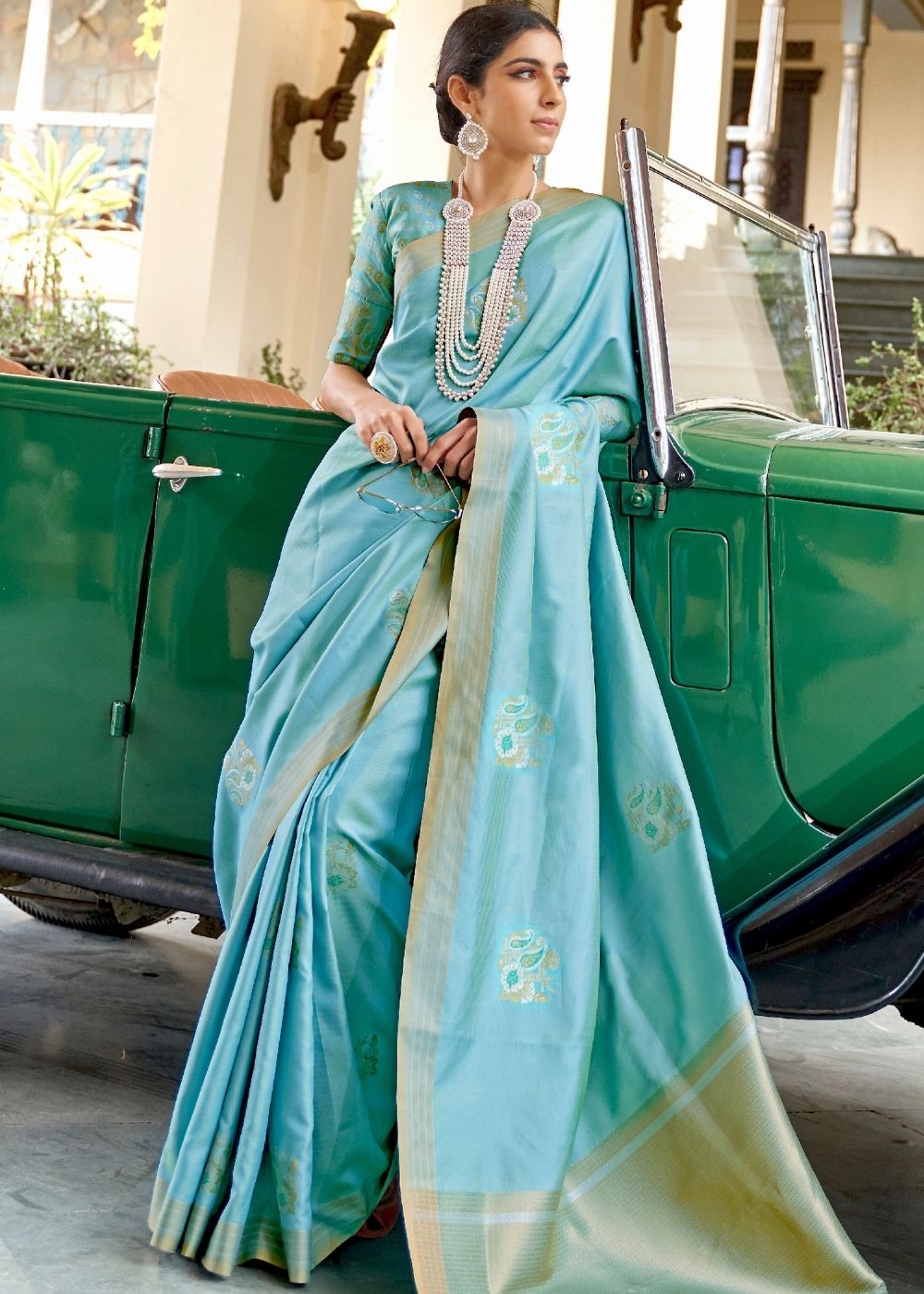 Sky Blue Zari Butta Banarasi-Chanderi Fusion Silk Saree Clothsvilla Main image
