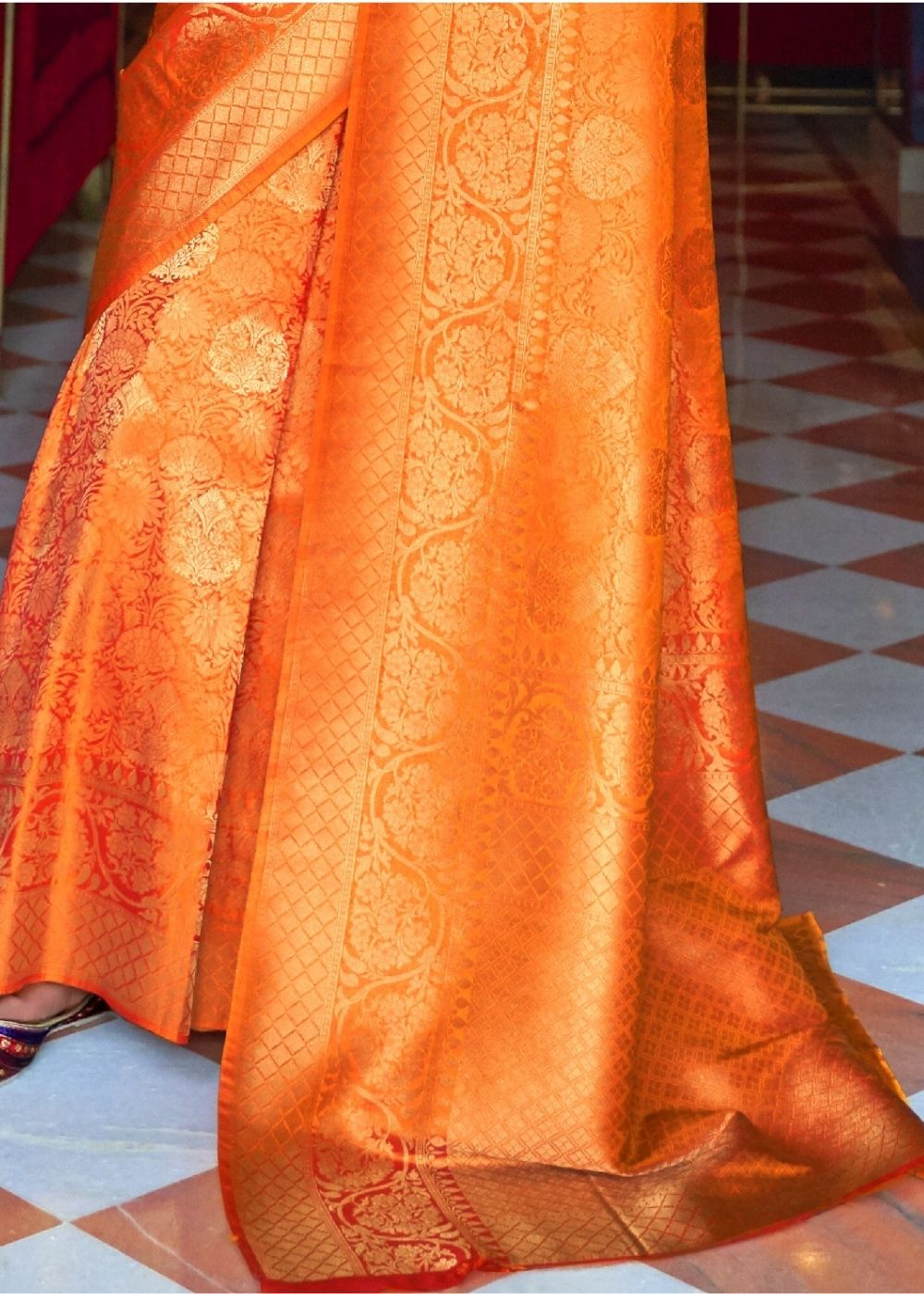 Apricot Orange and Golden Blend Woven Kanjivaram Soft Silk Saree Clothsvilla