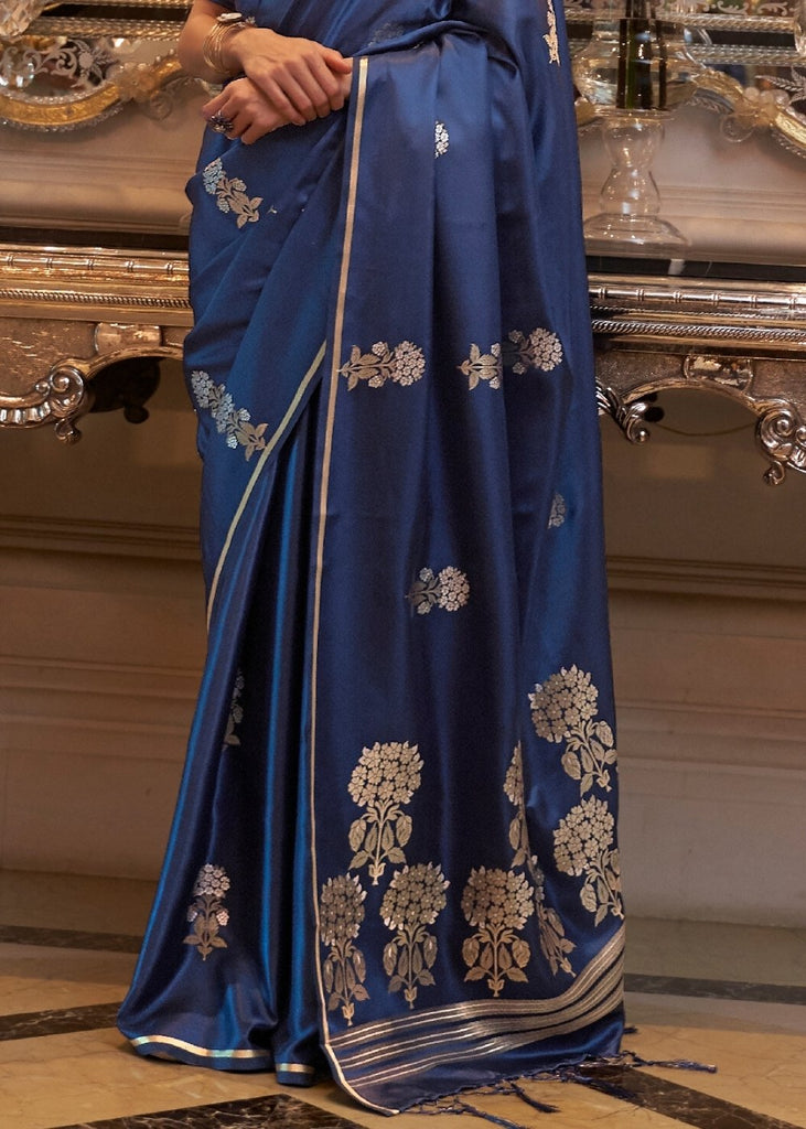 Midnight Blue Designer Satin Silk Saree Clothsvilla