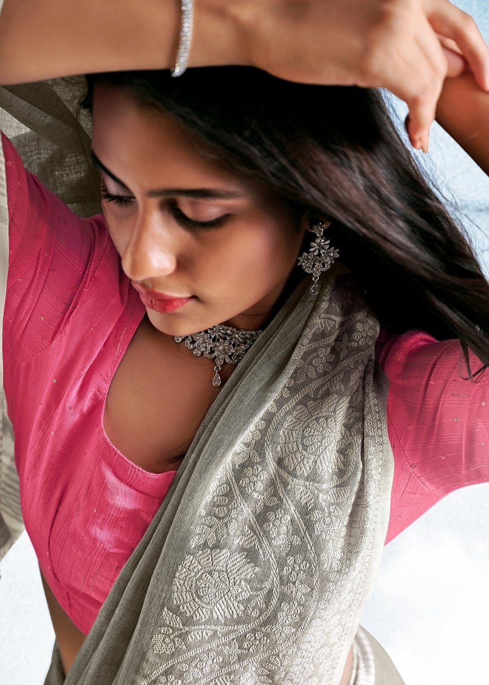 Pewter Grey Soft Linen Silk Saree with Lucknowi work and Sequence Blouse Clothsvilla