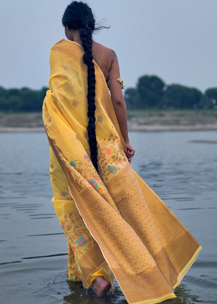 Tuscany Yellow Woven Linen Silk Saree with Floral Motif on Pallu and Border Clothsvilla