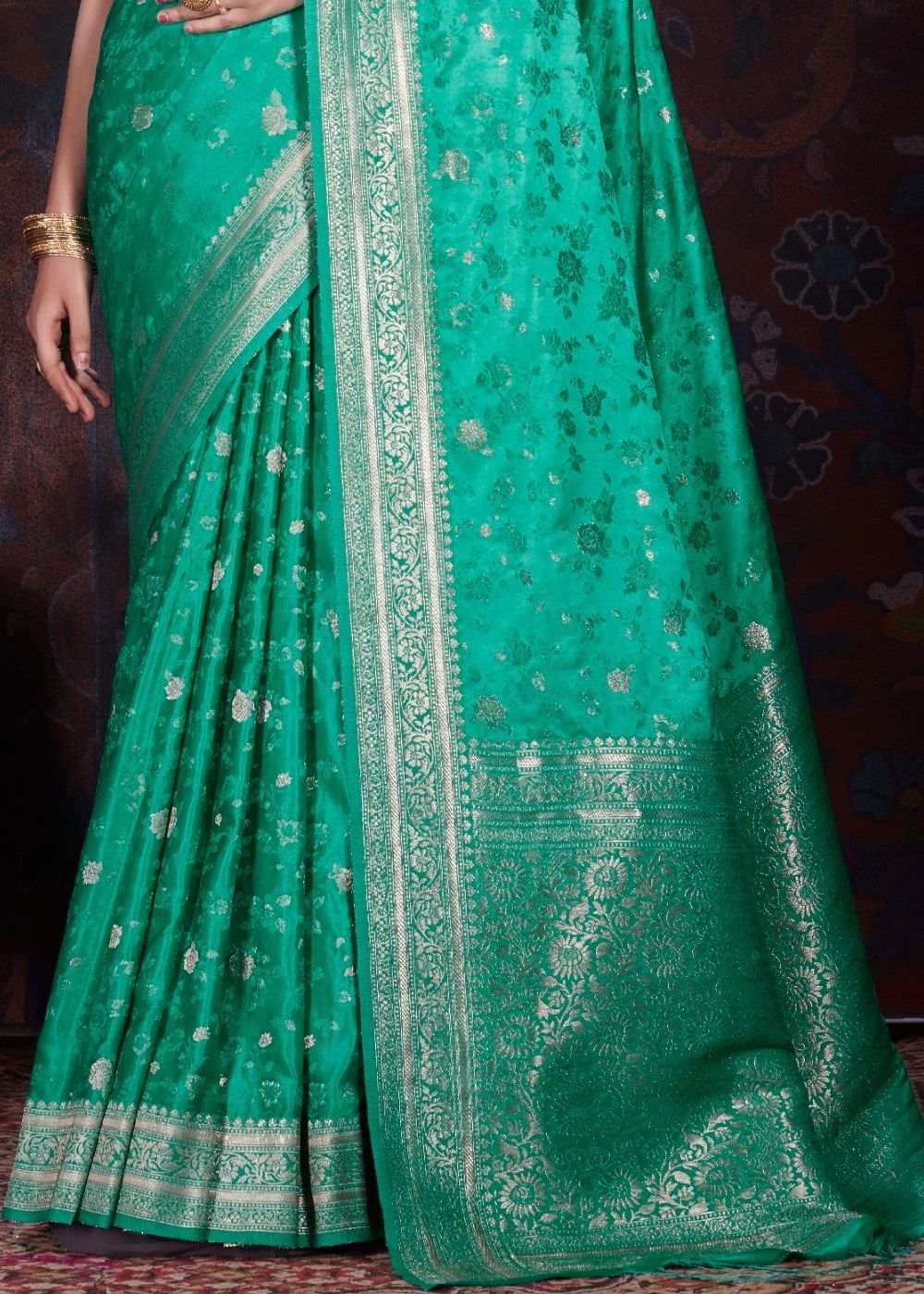 Jungle Green Zari Woven Satin Silk Saree Clothsvilla