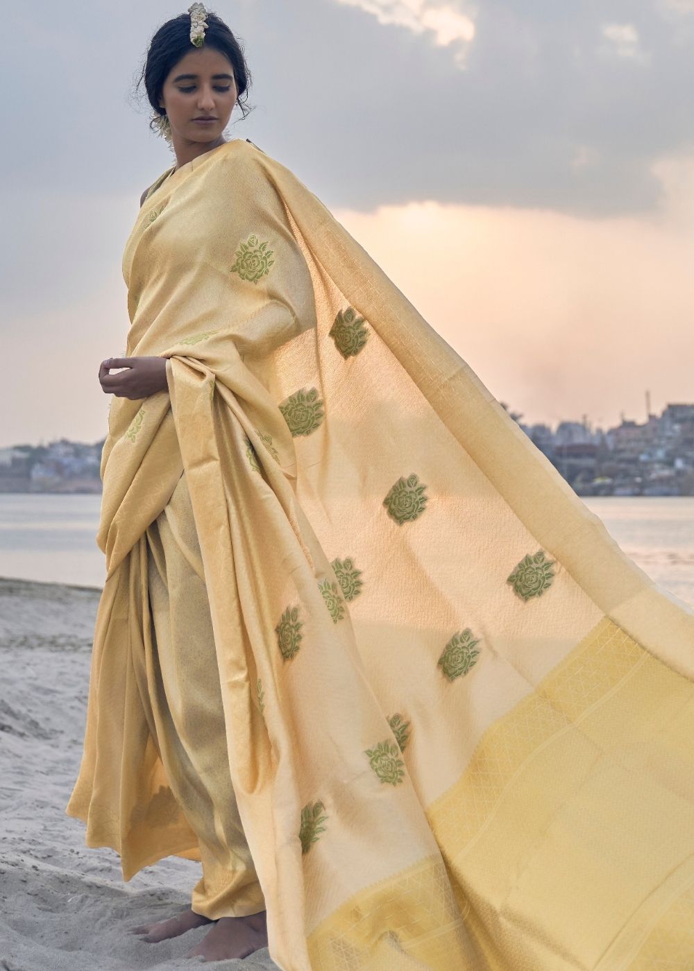 Saffron Yellow Linen Silk Saree with Zari Woven Butti overall Clothsvilla