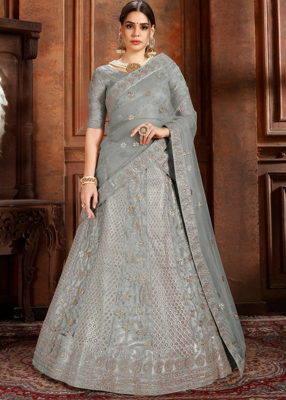 Trout Grey Soft Net Lehenga Choli with Thread,Zari, Zarkan & Pearl work Clothsvilla