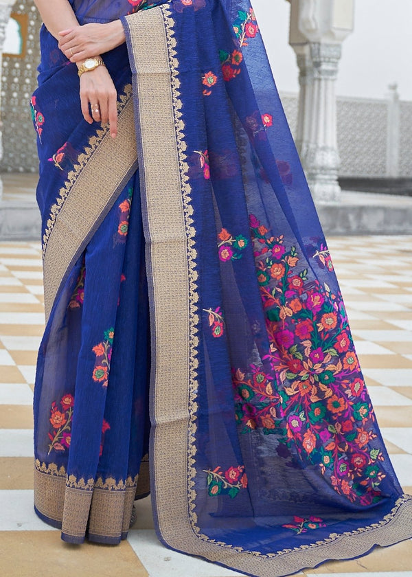 Lapis Blue Floral Embroidered Linen Silk Saree Clothsvilla