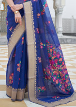 Load image into Gallery viewer, Lapis Blue Floral Embroidered Linen Silk Saree Clothsvilla