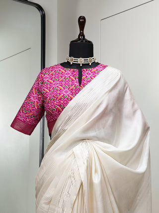 White Color Plain Manipuri Tussar Saree Clothsvilla
