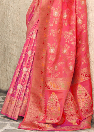 French Rose Pink Zari Woven Banarasi Silk Saree Clothsvilla