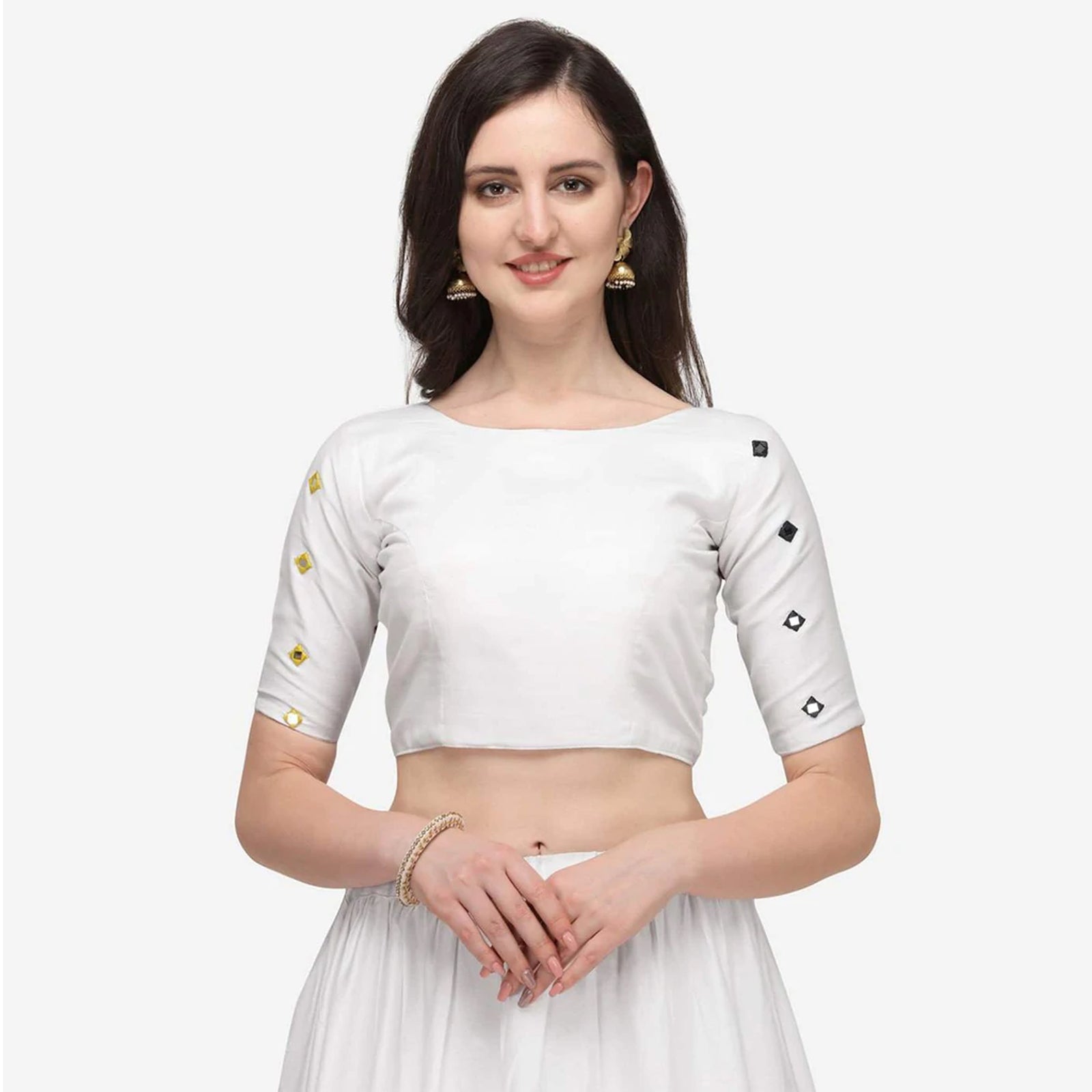 White Color Cotton Lehenga Choli with Real Mirror Work ClothsVilla